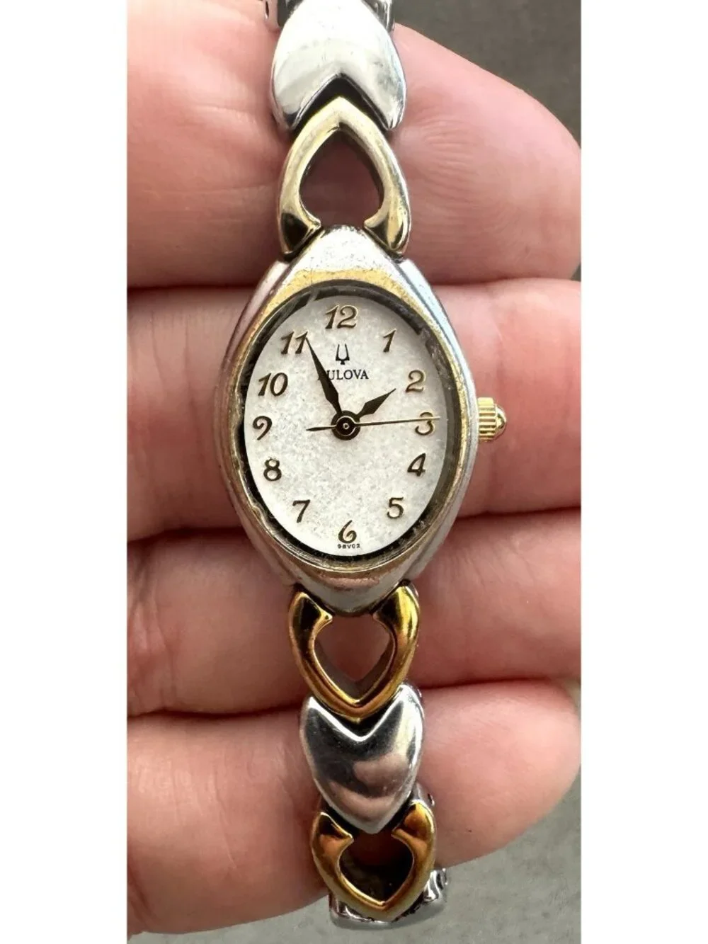 BULOVA Ladies' 2-Tone HEART LINK BRACELET WATCH White Dial -Working +New Battery